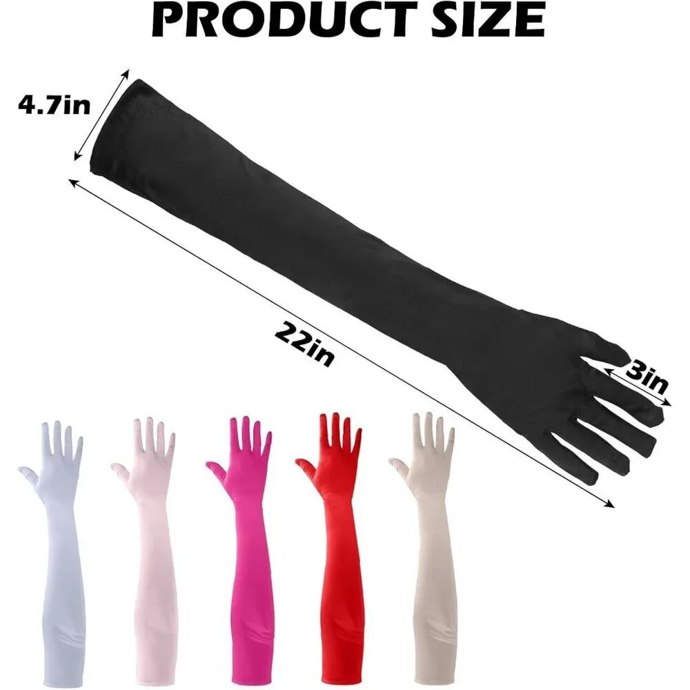 Women's Red Long Satin Opera Fabric Gloves Party Tea Stretchy Elbow Length